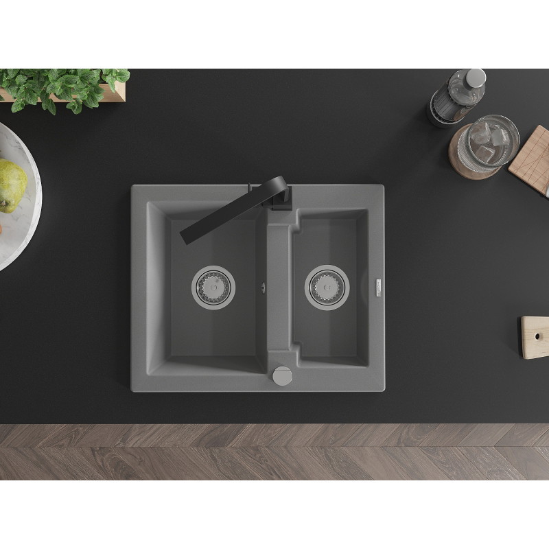 Mexen Carlos granite sink 1.5-bowl with kitchen faucet Rita, gray - 6518-71-670300-70