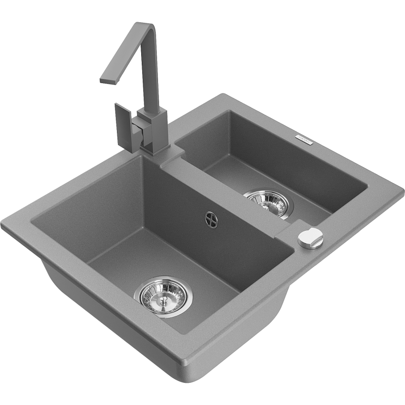 Mexen Carlos 1,5-compartment granite sink with a kitchen mixer tap Rita, Grey - 6518-71-670300-71