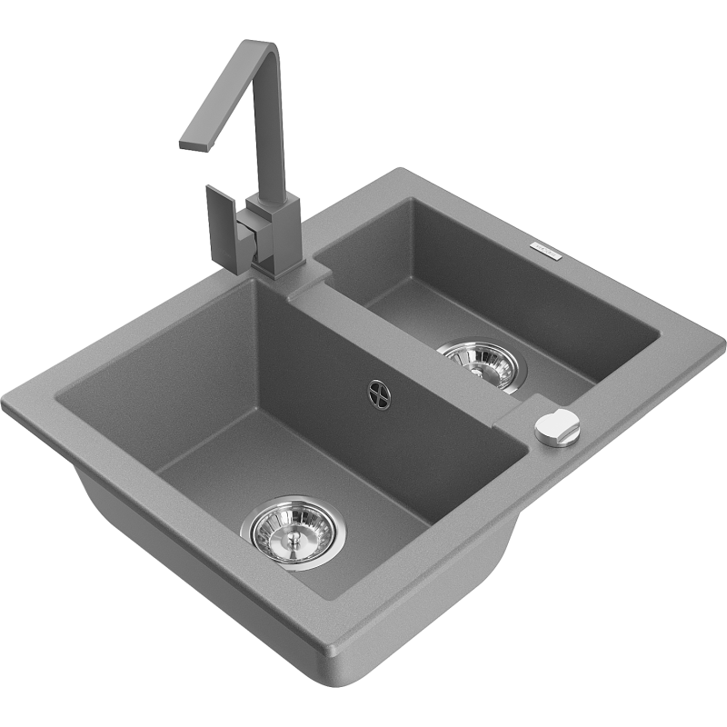 Mexen Carlos granite sink 1.5-bowl with kitchen tap Rita, grey - 6518-71-670300-71