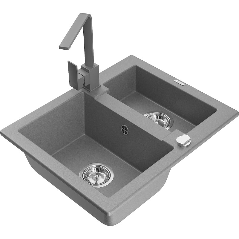 Mexen Carlos granite sink 1.5-bowl with Rita kitchen faucet, gray - 6518-71-670300-71
