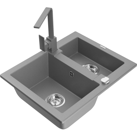 Mexen Carlos granite sink 1.5-bowl with kitchen tap Rita, grey - 6518-71-670300-71