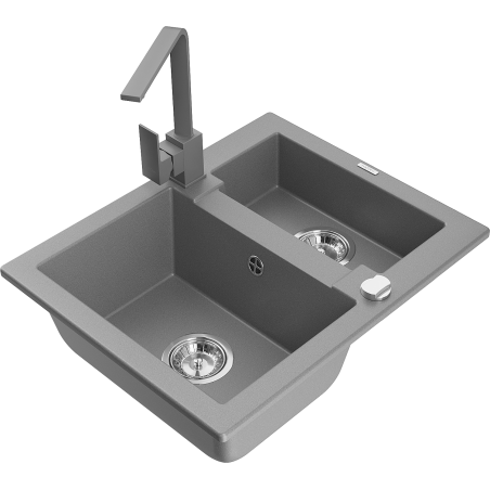 Mexen Carlos granite sink 1.5-bowl with Rita kitchen faucet, gray - 6518-71-670300-71