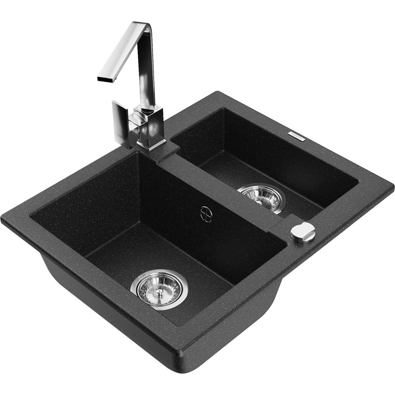 Mexen Carlos granite sink 1.5-bowl with Rita kitchen faucet, black/silver metallic - 6518-73-670300-00