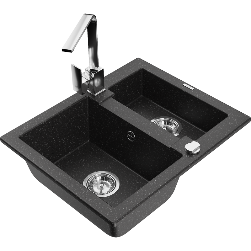 Mexen Carlos granite sink 1.5-bowl with Rita kitchen tap, black/silver metallic - 6518-73-670300-00