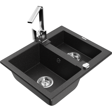 Mexen Carlos 1.5-bowl granite sink with Rita kitchen faucet, black/silver metallic - 6518-73-670300-00
