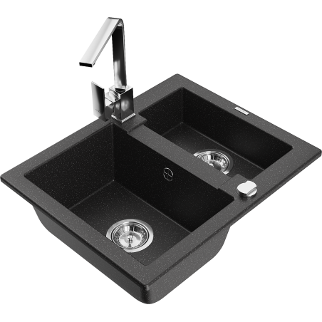Mexen Carlos granite sink 1.5-bowl with Rita kitchen tap, black/silver metallic - 6518-73-670300-00