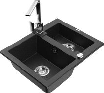 Mexen Carlos 1.5-bowl granite sink with Rita kitchen faucet, black/silver metallic - 6518-73-670300-00