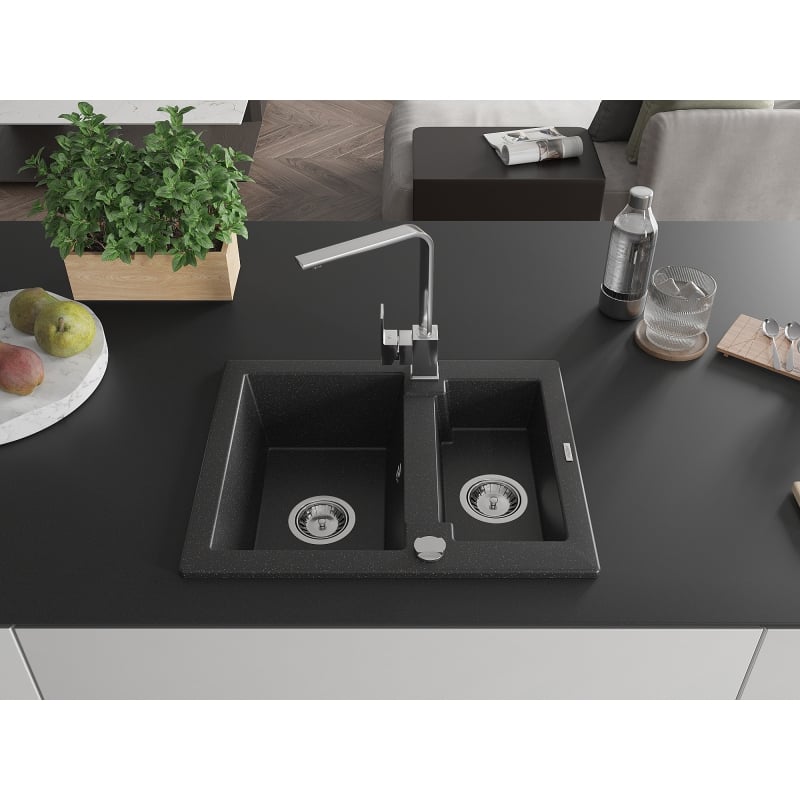 Mexen Carlos granite sink 1.5-bowl with Rita kitchen faucet, black/silver metallic - 6518-73-670300-00