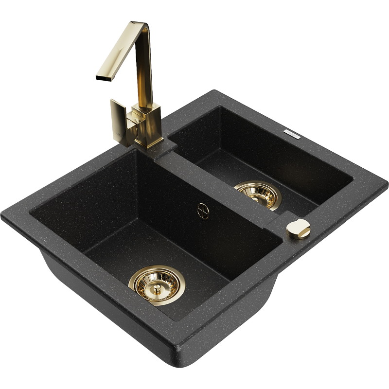 Mexen Carlos 1.5-bowl granite sink with Rita kitchen faucet, black/silver metallic - 6518-73-670300-50
