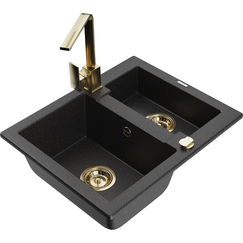 Mexen Carlos 1.5-bowl Granite Sink with Rita Kitchen Tap, Black/Silver Metallic - 6518-73-670300-50