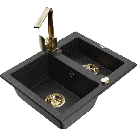 Mexen Carlos granite sink 1.5-bowl with Rita kitchen faucet, black/silver metallic - 6518-73-670300-50