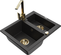 Mexen Carlos granite sink 1.5-bowl with Rita kitchen faucet, black/silver metallic - 6518-73-670300-50