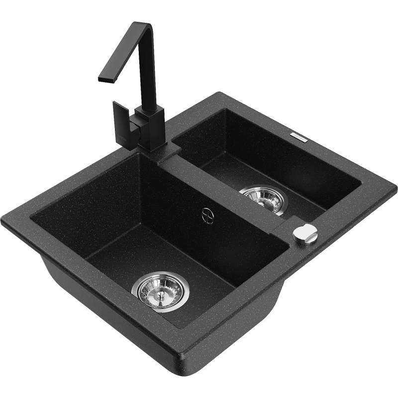 Mexen Carlos 1,5-compartment granite sink with a kitchen mixer tap Rita, Black/Silver metallic - 6518-73-670300-70