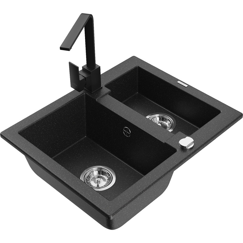 Mexen Carlos granite sink 1.5-bowl with kitchen faucet Rita, black/silver metallic - 6518-73-670300-70