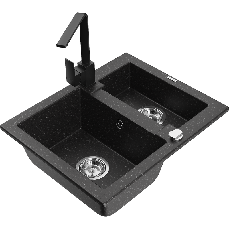 Mexen Carlos granite sink 1.5-bowl with Rita kitchen tap, black/silver metallic - 6518-73-670300-70