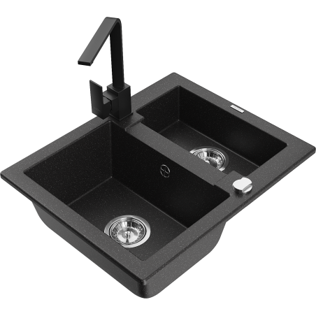 Mexen Carlos 1.5-bowl granite sink with Rita kitchen faucet, black/silver metallic - 6518-73-670300-70