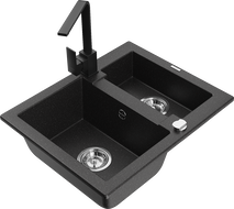 Mexen Carlos 1.5-bowl granite sink with Rita kitchen faucet, black/silver metallic - 6518-73-670300-70