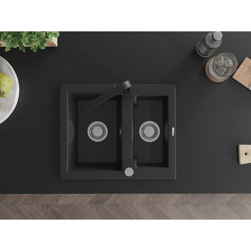 Mexen Carlos granite sink 1.5-bowl with Rita kitchen tap, black/silver metallic - 6518-73-670300-70