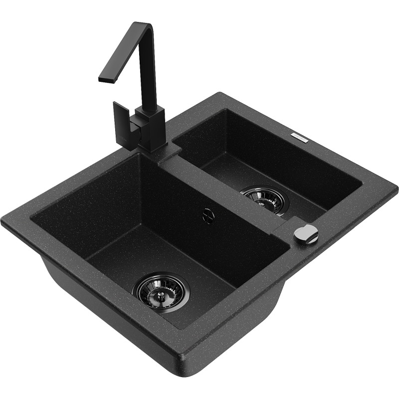 Mexen Carlos 1.5-bowl granite sink with Rita kitchen faucet, black/silver metallic - 6518-73-670300-70-B