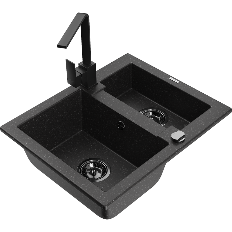 Mexen Carlos 1,5-compartment granite sink with a kitchen mixer tap Rita, Black/Silver metallic - 6518-73-670300-70-B
