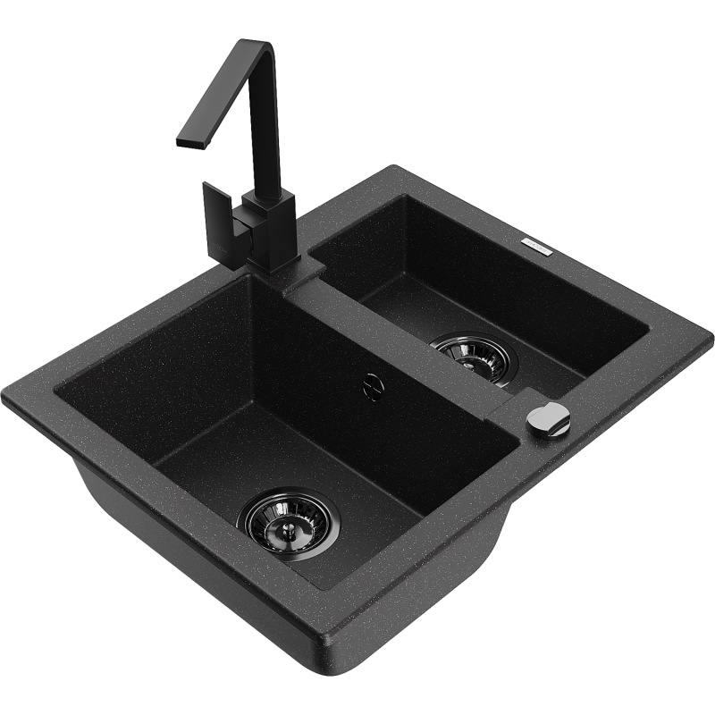 Mexen Carlos granite 1.5-bowl sink with Rita kitchen tap, black/silver metallic - 6518-73-670300-70-B