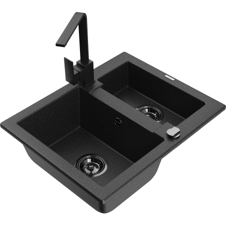 Mexen Carlos 1.5-bowl granite sink with Rita kitchen faucet, black/silver metallic - 6518-73-670300-70-B
