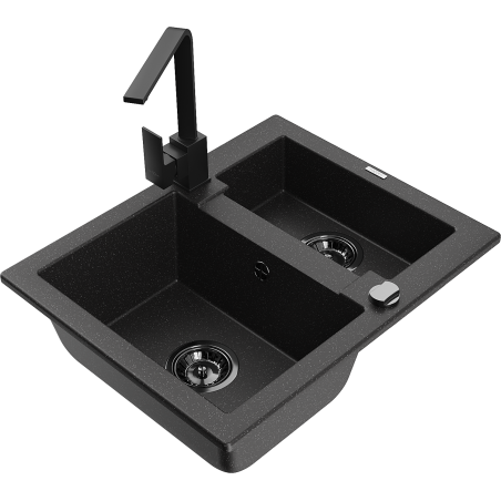 Mexen Carlos granite kitchen sink 1.5-bowl with Rita kitchen faucet, black/silver metallic - 6518-73-670300-70-B