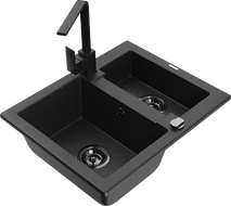 Mexen Carlos 1,5-compartment granite sink with a kitchen mixer tap Rita, Black/Silver metallic - 6518-73-670300-70-B