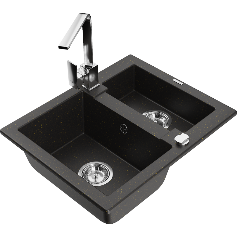 Mexen Carlos granite sink 1.5-bowl with Rita kitchen tap, black/gold metallic - 6518-75-670300-00