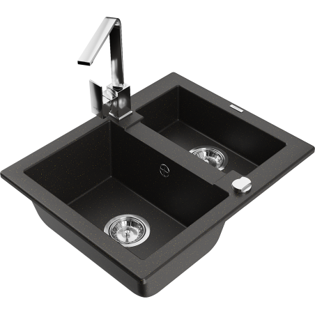 Mexen Carlos granite sink 1.5-bowl with Rita kitchen faucet, black/golden metallic - 6518-75-670300-00
