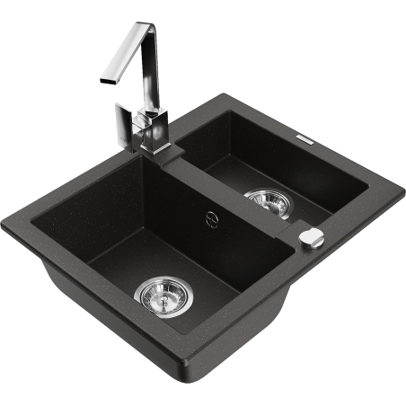 Mexen Carlos granite sink 1.5-bowl with Rita kitchen tap, black/gold metallic - 6518-75-670300-00
