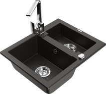 Mexen Carlos 1,5-compartment granite sink with a kitchen mixer tap Rita, Black/Gold metallic - 6518-75-670300-00