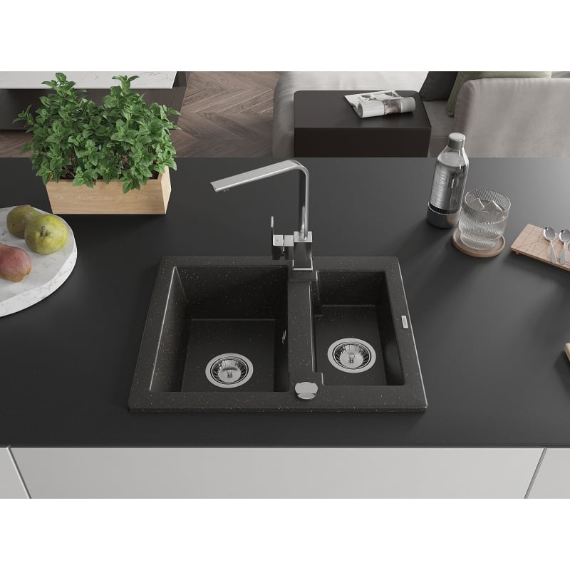 Mexen Carlos granite sink 1.5-bowl with Rita kitchen faucet, black/golden metallic - 6518-75-670300-00