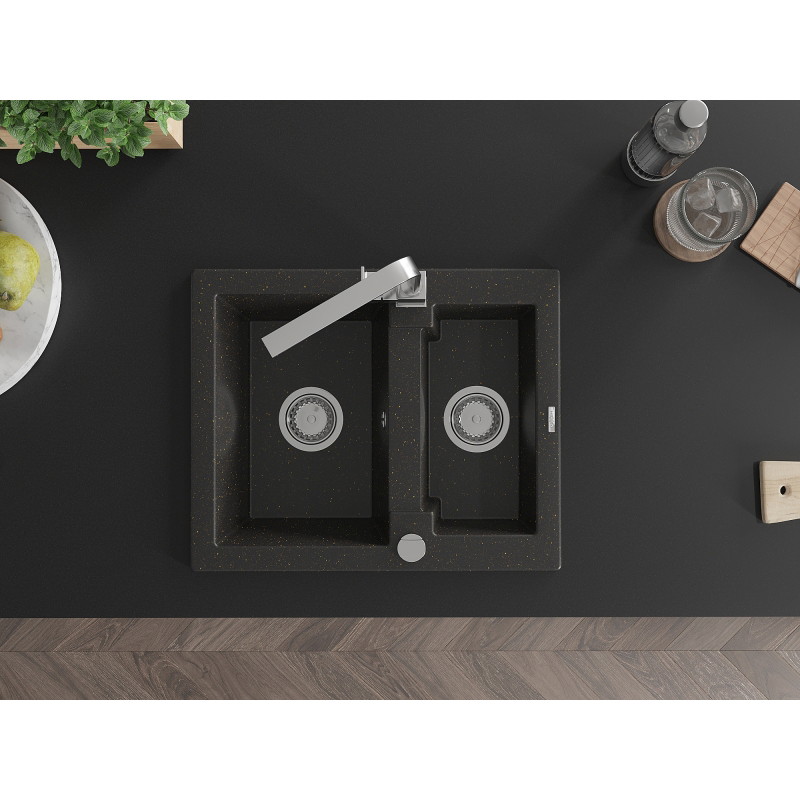 Mexen Carlos 1.5-bowl granite sink with Rita kitchen faucet, black/gold metallic - 6518-75-670300-00