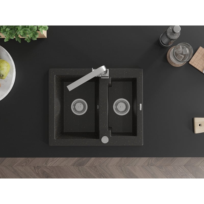 Mexen Carlos granite sink 1.5-bowl with Rita kitchen faucet, black/golden metallic - 6518-75-670300-00