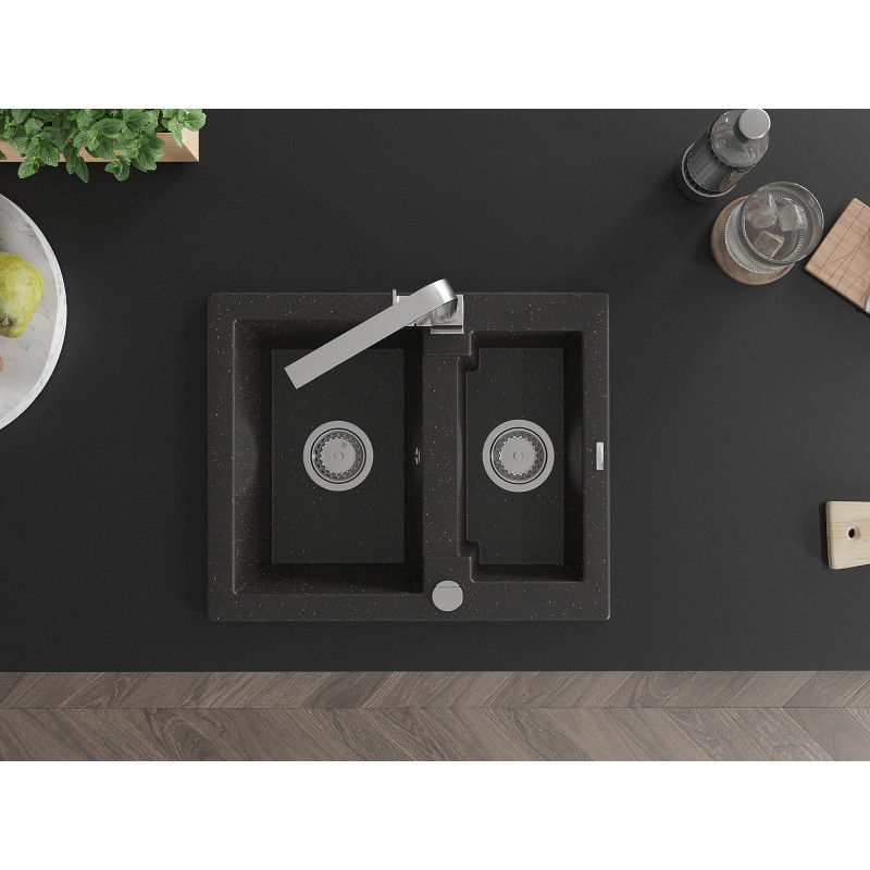 Mexen Carlos granite sink 1.5-bowl with Rita kitchen tap, black/gold metallic - 6518-75-670300-00