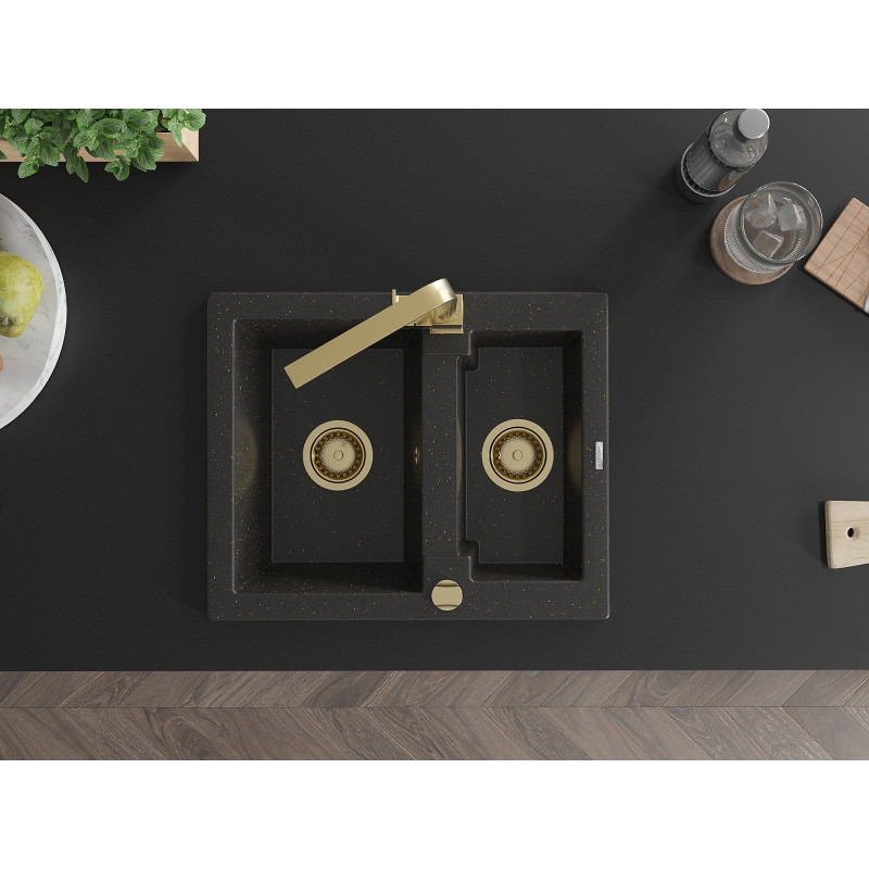 Mexen Carlos 1.5-bowl granite sink with Rita kitchen faucet, black/gold metallic - 6518-75-670300-50