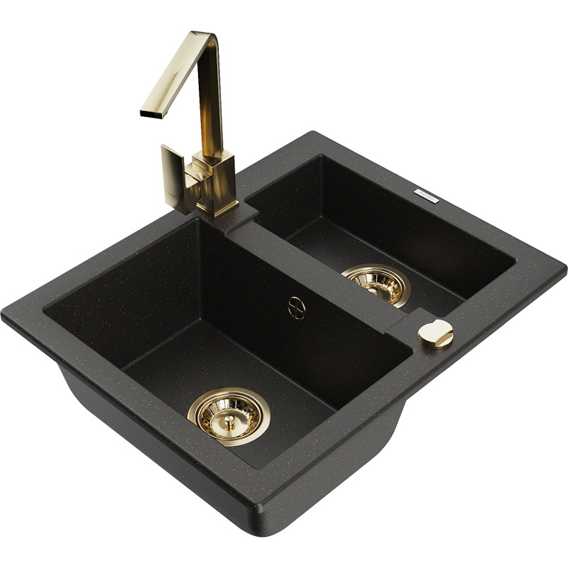 Mexen Carlos 1.5-bowl granite sink with Rita kitchen faucet, black/gold metallic - 6518-75-670300-50