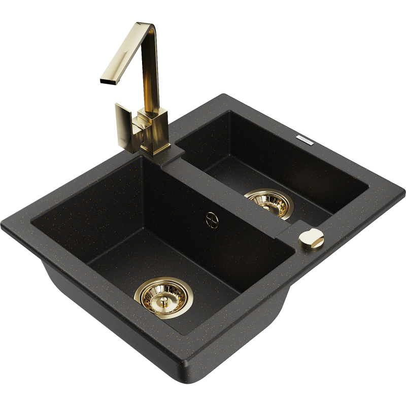 Mexen Carlos granite sink 1.5-bowl with Rita kitchen tap, black/gold metallic - 6518-75-670300-50