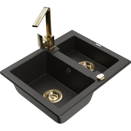 Mexen Carlos 1.5-bowl granite sink with Rita kitchen faucet, black/gold metallic - 6518-75-670300-50