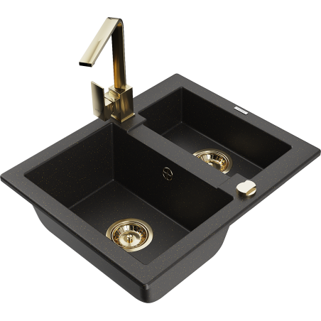 Mexen Carlos 1,5-compartment granite sink with a kitchen mixer tap Rita, Black/Gold metallic - 6518-75-670300-50