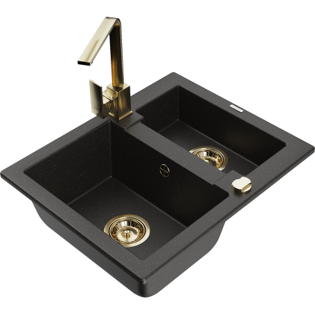 Mexen Carlos granite sink 1.5-bowl with Rita kitchen tap, black/gold metallic - 6518-75-670300-50