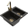 Mexen Carlos granite sink 1.5-bowl with Rita kitchen tap, black/gold metallic - 6518-75-670300-50
