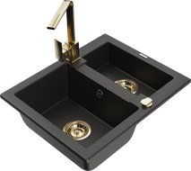 Mexen Carlos 1.5-bowl granite sink with Rita kitchen faucet, black/gold metallic - 6518-75-670300-50