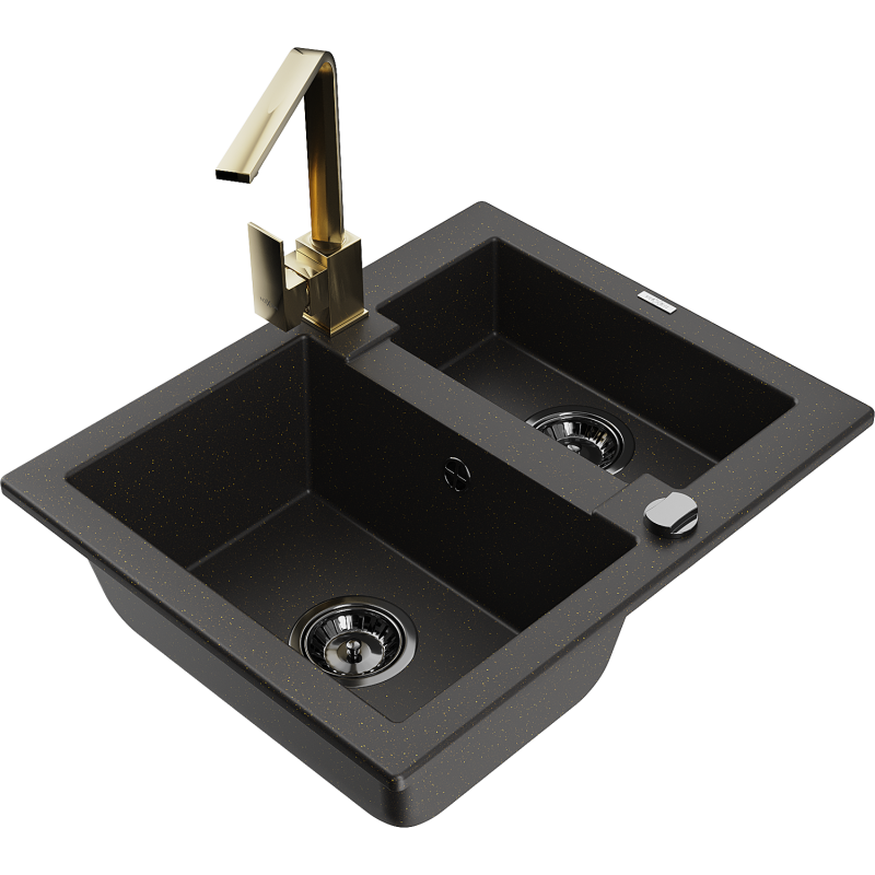 Mexen Carlos 1,5-compartment granite sink with a kitchen mixer tap Rita, Black/Gold metallic - 6518-75-670300-50-B