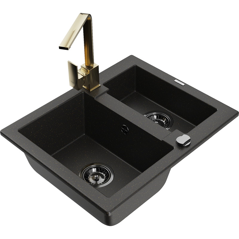 Mexen Carlos granite sink 1.5-bowl with Rita kitchen faucet, black/gold metallic - 6518-75-670300-50-B