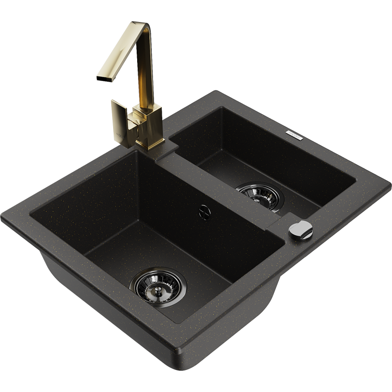 Mexen Carlos granite sink 1.5-bowl with Rita kitchen tap, black/gold metallic - 6518-75-670300-50-B