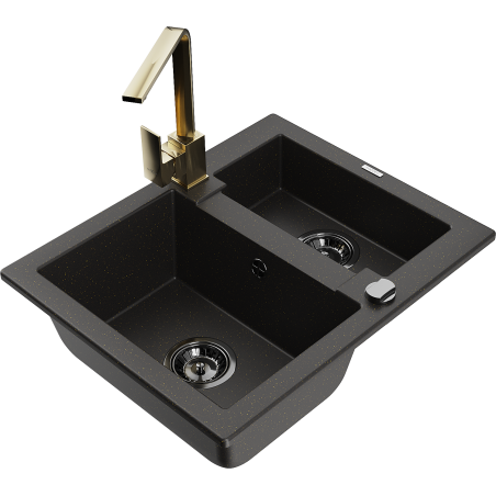 Mexen Carlos 1.5-bowl granite sink with Rita kitchen faucet, black/gold metallic - 6518-75-670300-50-B