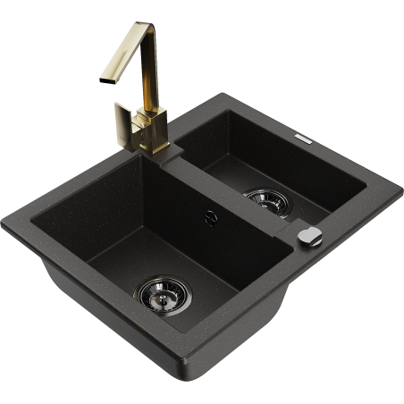 Mexen Carlos granite sink 1.5-bowl with Rita kitchen tap, black/gold metallic - 6518-75-670300-50-B