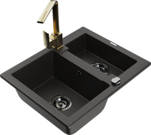 Mexen Carlos 1.5-bowl granite sink with Rita kitchen faucet, black/gold metallic - 6518-75-670300-50-B